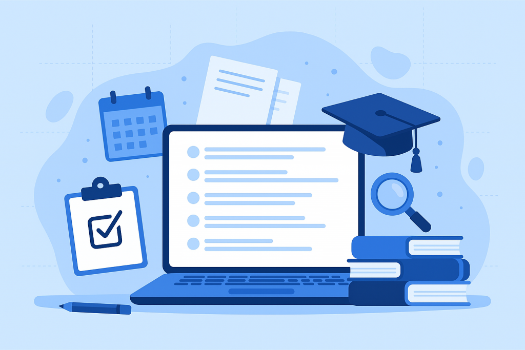 Laptop with term paper outline surrounded by books, calendar, clipboard, magnifying glass, and graduation cap