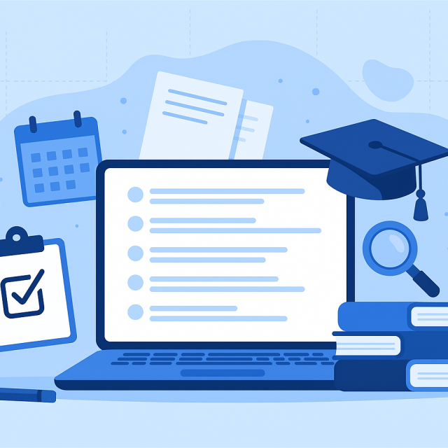 Laptop with term paper outline surrounded by books, calendar, clipboard, magnifying glass, and graduation cap