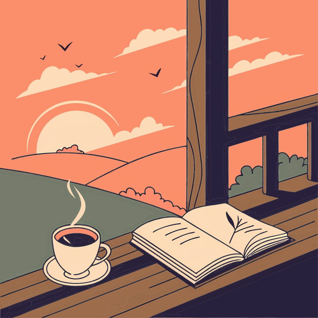 Open book and cup of coffee on a wooden porch overlooking rolling hills at sunrise—cozy reading atmosphere, minimalist illustration